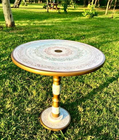 18″ Wooden Round Coffee Table – White Gold Naqsheen Design