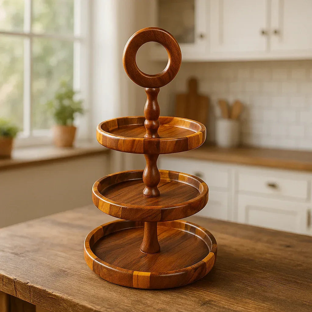 Wooden 3 Tier Round Serving Station - Checkered Pattern - Woodistan