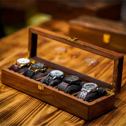 Wooden Watch Box with Glass Lid - Organizer for 5 Watches