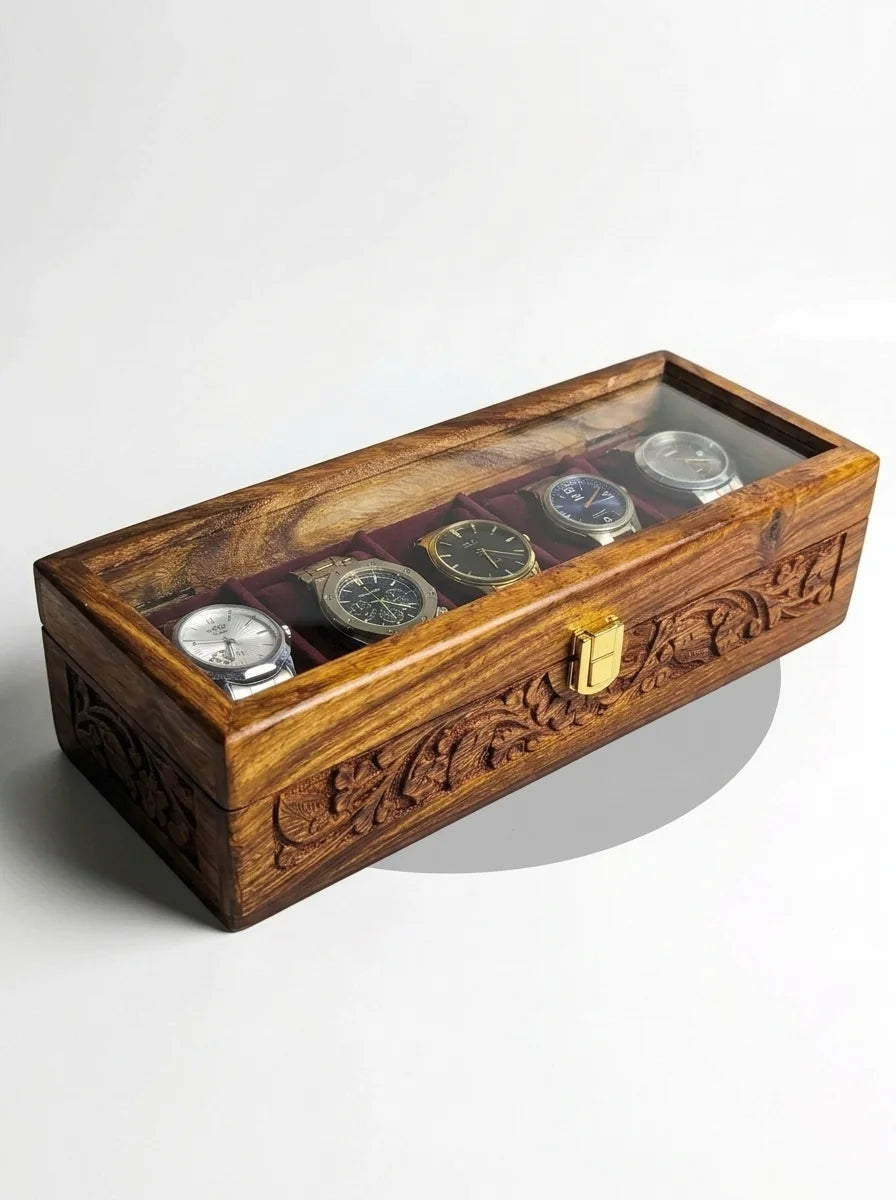 Wooden Watch Box with Glass Lid & Carving Art - Organizer for 5 Watches