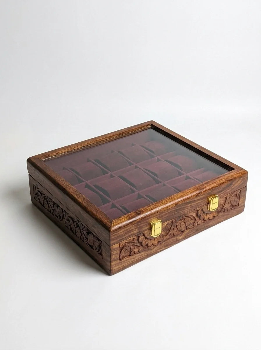 Handcrafted Wooden Watch Box 15 Slots | Glass Lid, All-Around Carved, Shape-Holding Cushions | Sheesham Wood