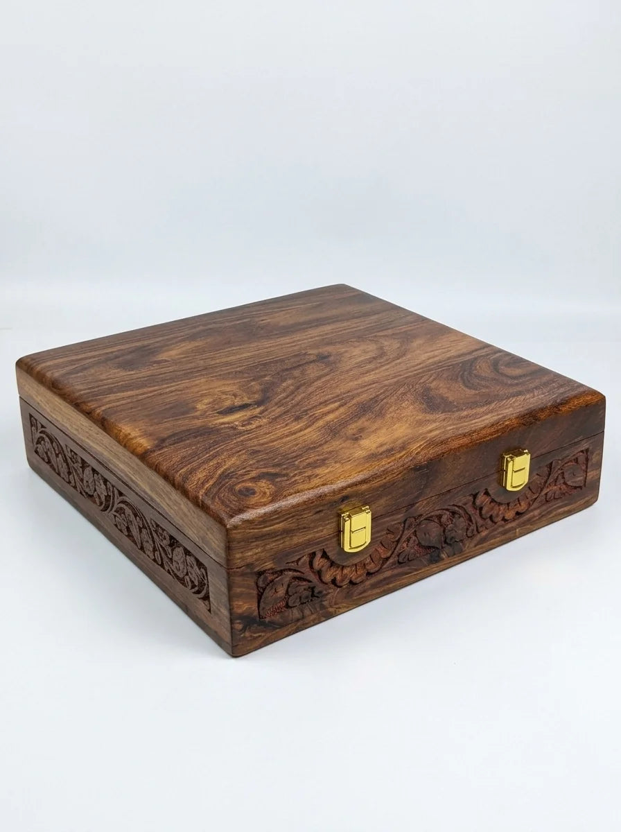 Handcrafted Wooden Watch Box | Plain Top, Carved Sides, Shape-Holding Cushions, 15 Watches