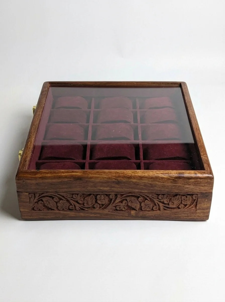 Handcrafted Wooden Watch Box 15 Slots | Glass Lid, All-Around Carved, Shape-Holding Cushions | Sheesham Wood