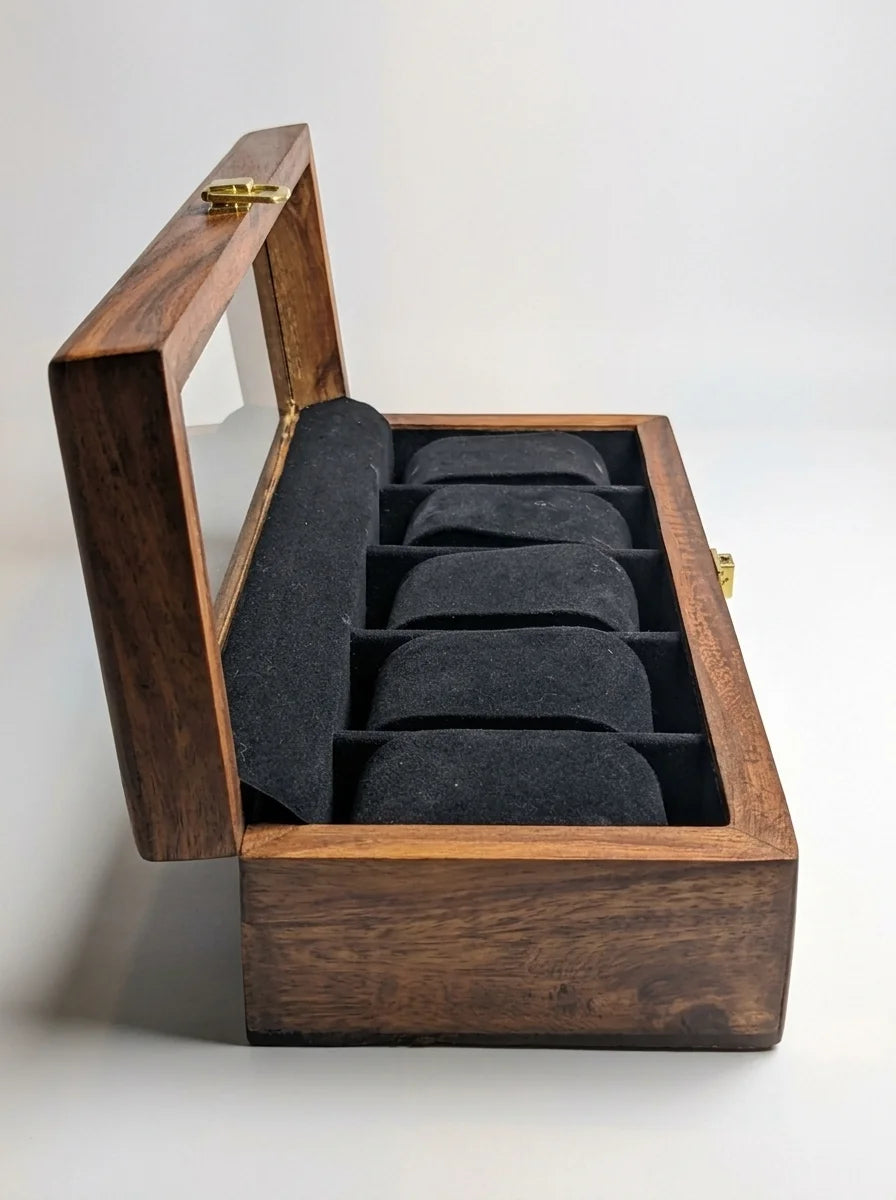 Handcrafted Wooden Watch Box 5 Slots | Glass Lid, Shape-Holding Cushions | Sheesham Wood