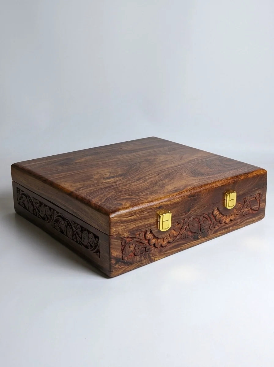 Handcrafted Wooden Watch Box | Plain Top, Carved Sides, Shape-Holding Cushions, 15 Watches