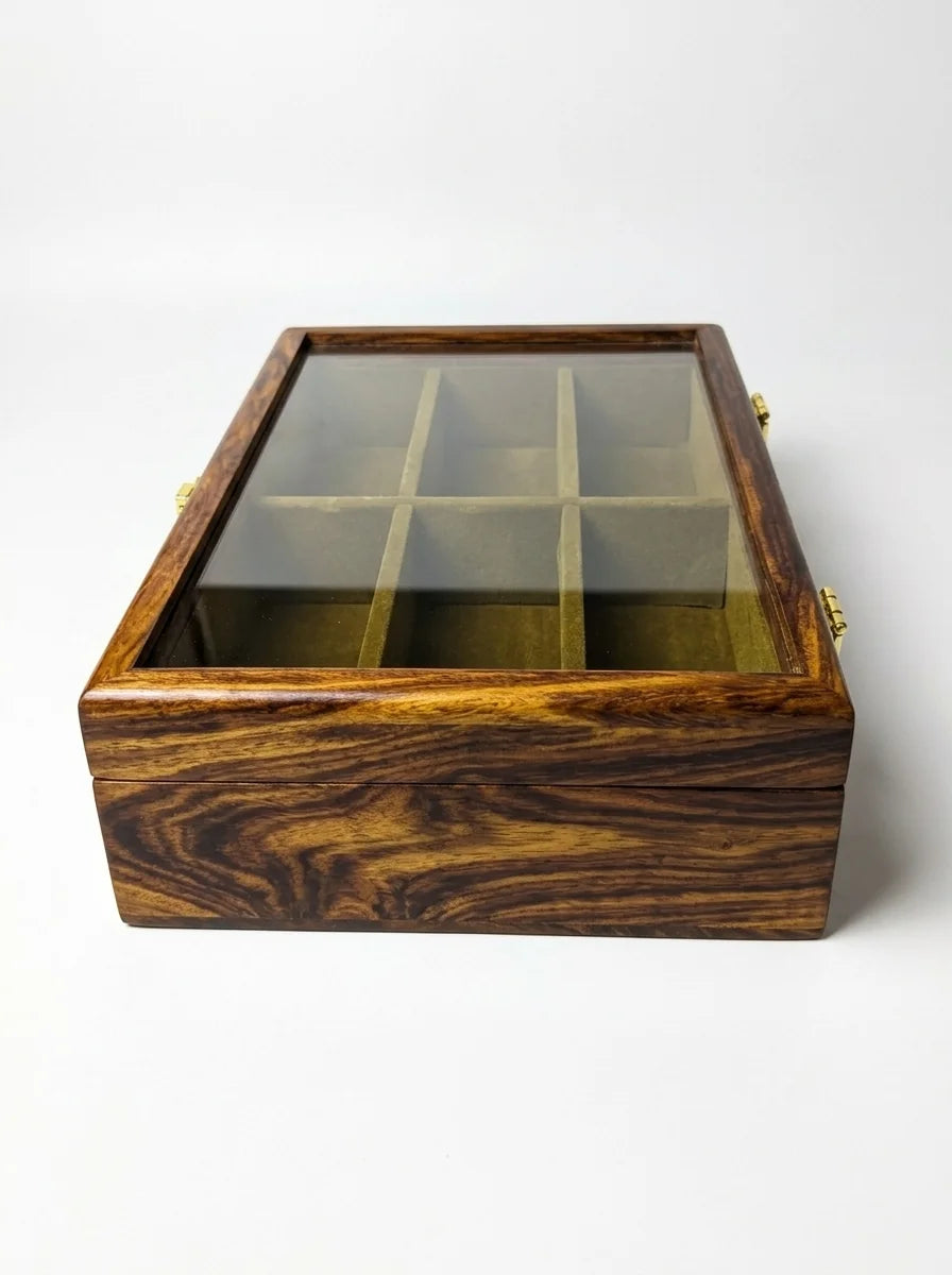 Handcrafted Wooden Sunglasses Organizer Box 6 Slots | Hand-Carved, Velvet Lined | Sheesham Wood