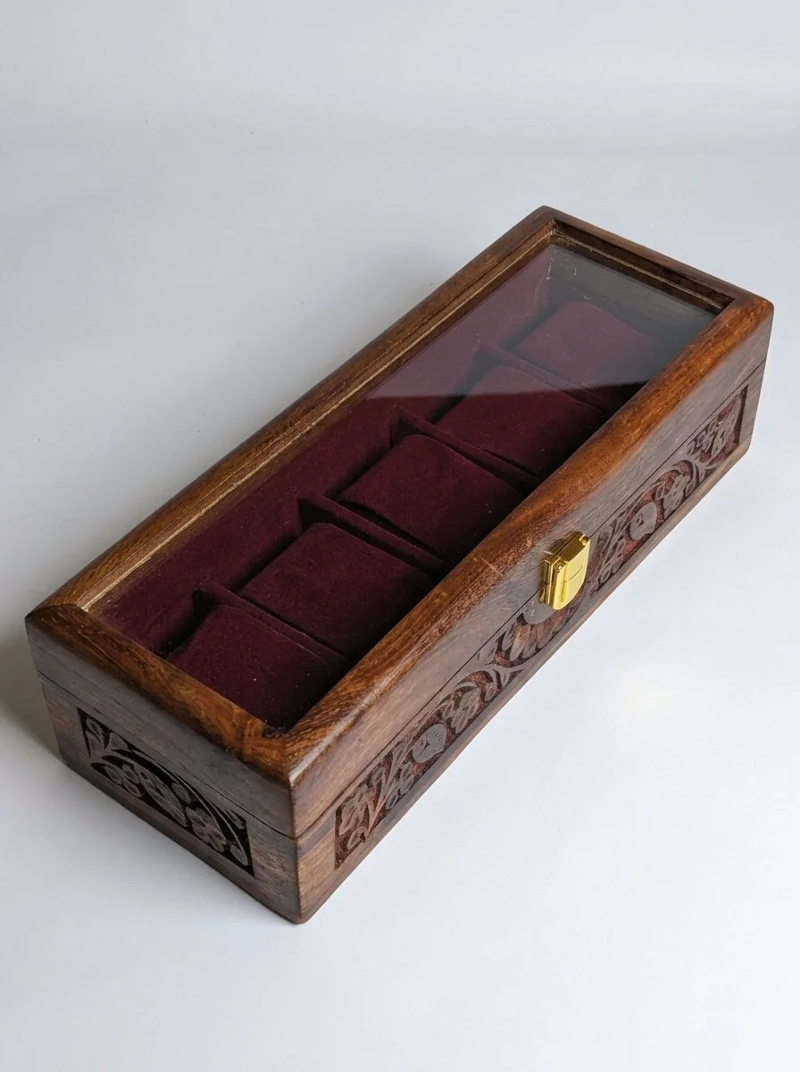Handcrafted Wooden Watch Box | Glass Lid, Hand-Carved Panels, Shape-Holding Cushions, 5 Watches