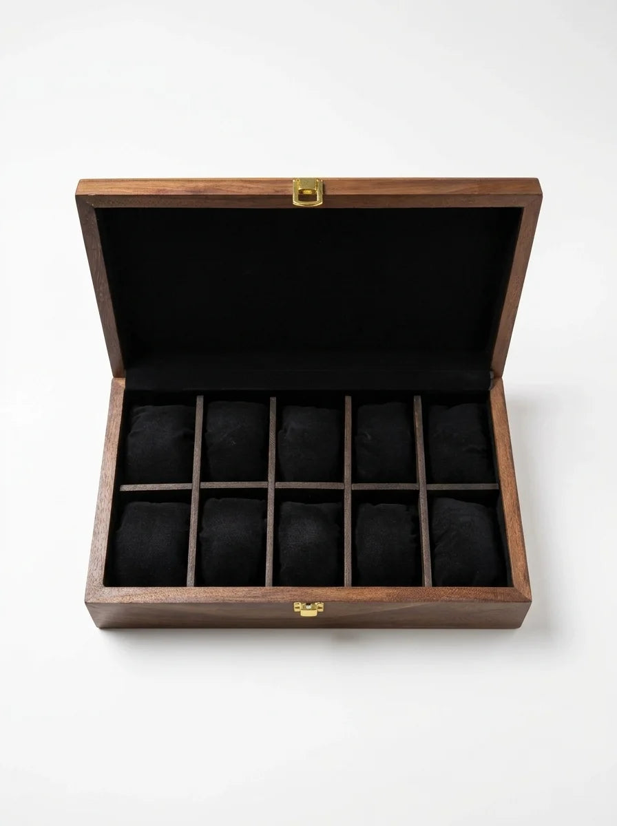 Handcrafted Wooden Watch Box, 10 Slots | Plain Top, Plain Design | Sheesham Wood