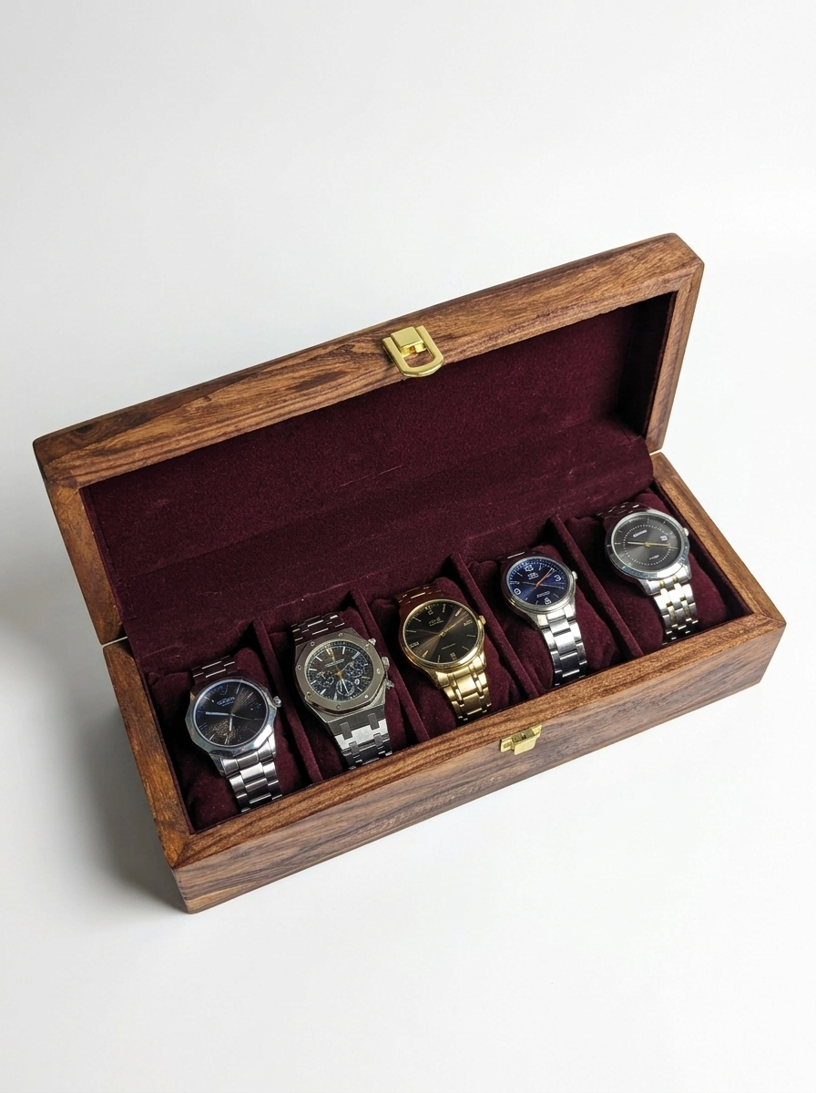 Handcrafted Wooden Watch Box 5 Slots | Plain Design | Sheesham Wood