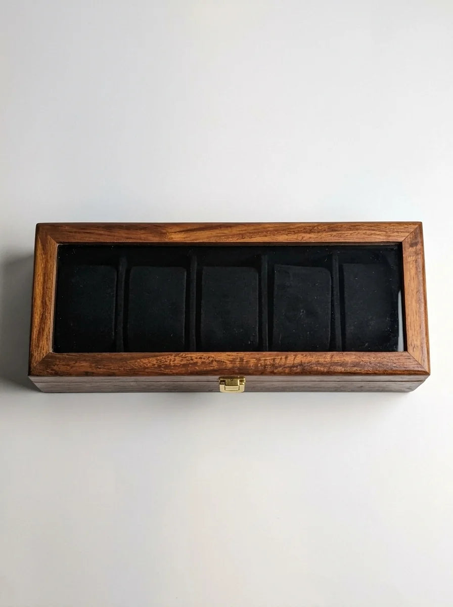 Handcrafted Wooden Watch Box 5 Slots | Glass Lid, Shape-Holding Cushions | Sheesham Wood