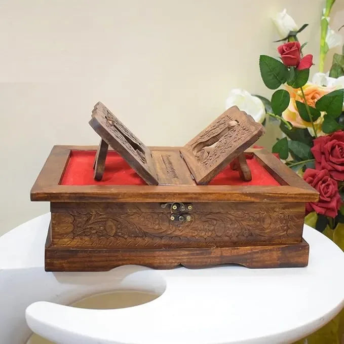 Handmade Wooden Quran Box with Carving Art & Rehal Stand - 2 in 1 Quran Holder & Storage - Woodistan