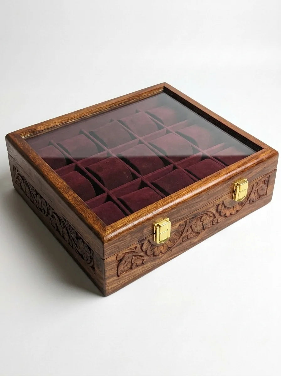 Handcrafted Wooden Watch Box 15 Slots | Glass Lid, All-Around Carved, Shape-Holding Cushions | Sheesham Wood