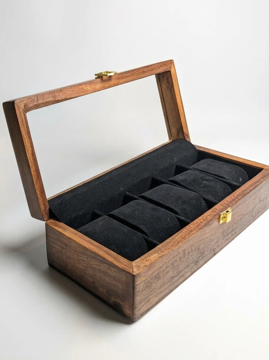 Handcrafted Wooden Watch Box 5 Slots | Glass Lid, Shape-Holding Cushions | Sheesham Wood