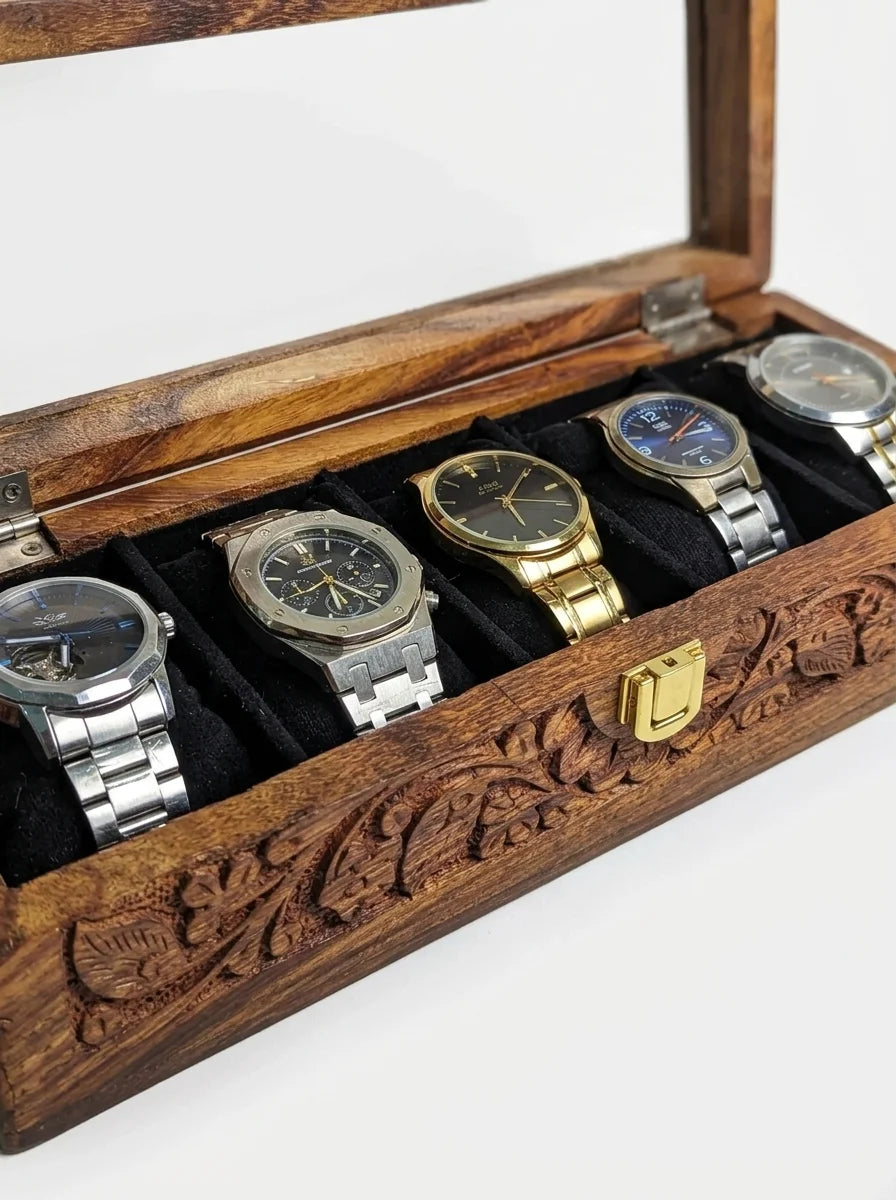 Handcrafted Wooden Watch Box 5 Slots | All-Around Carved | Soft Velvet | Sheesham Wood