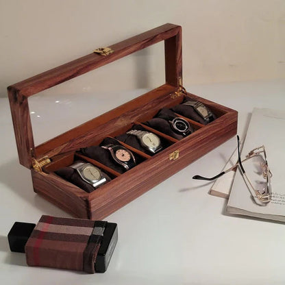 Wooden Watch Box with Glass Lid - Organizer for 5 Watches