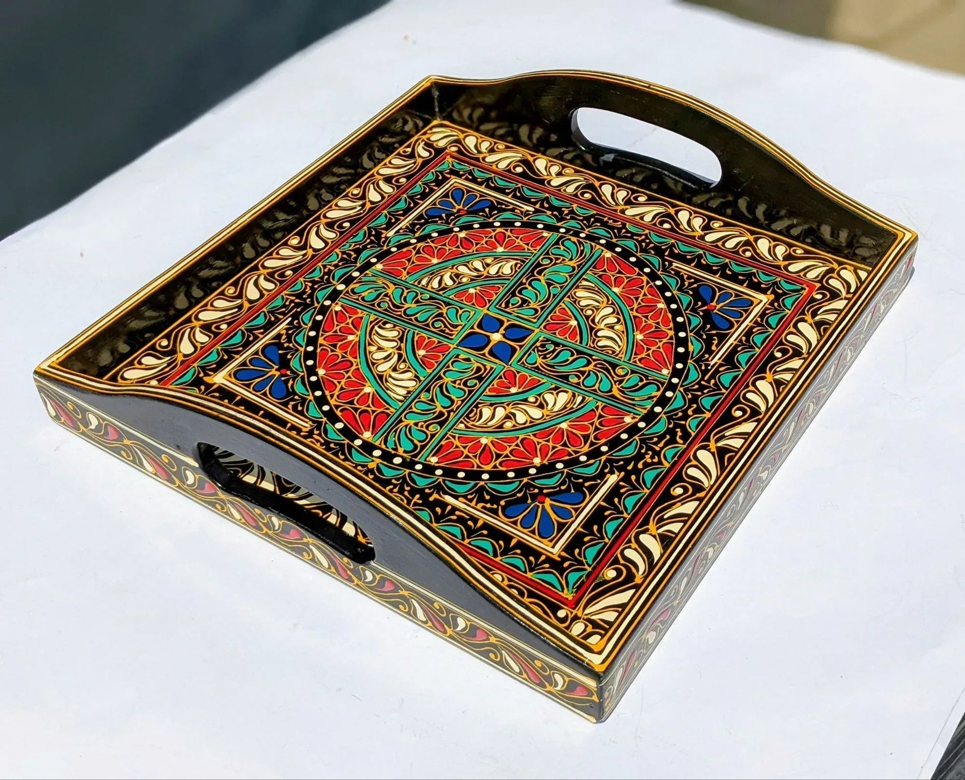 Traditional Pakistani Naqshi Tray with Lacquer Engraving - Woodistan