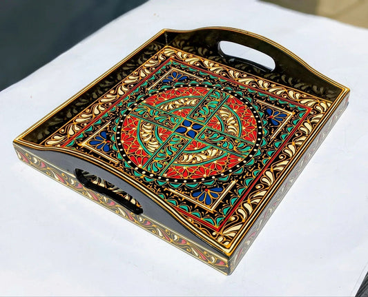 Traditional Pakistani Naqshi Tray with Lacquer Engraving - Woodistan