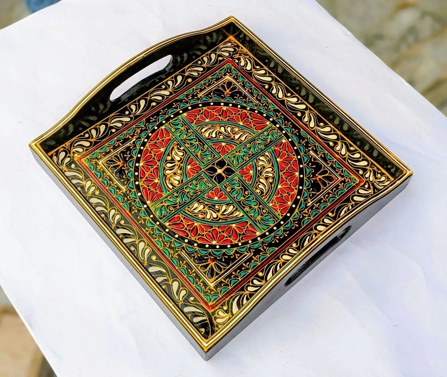 Traditional Pakistani Naqshi Tray with Lacquer Engraving - Woodistan
