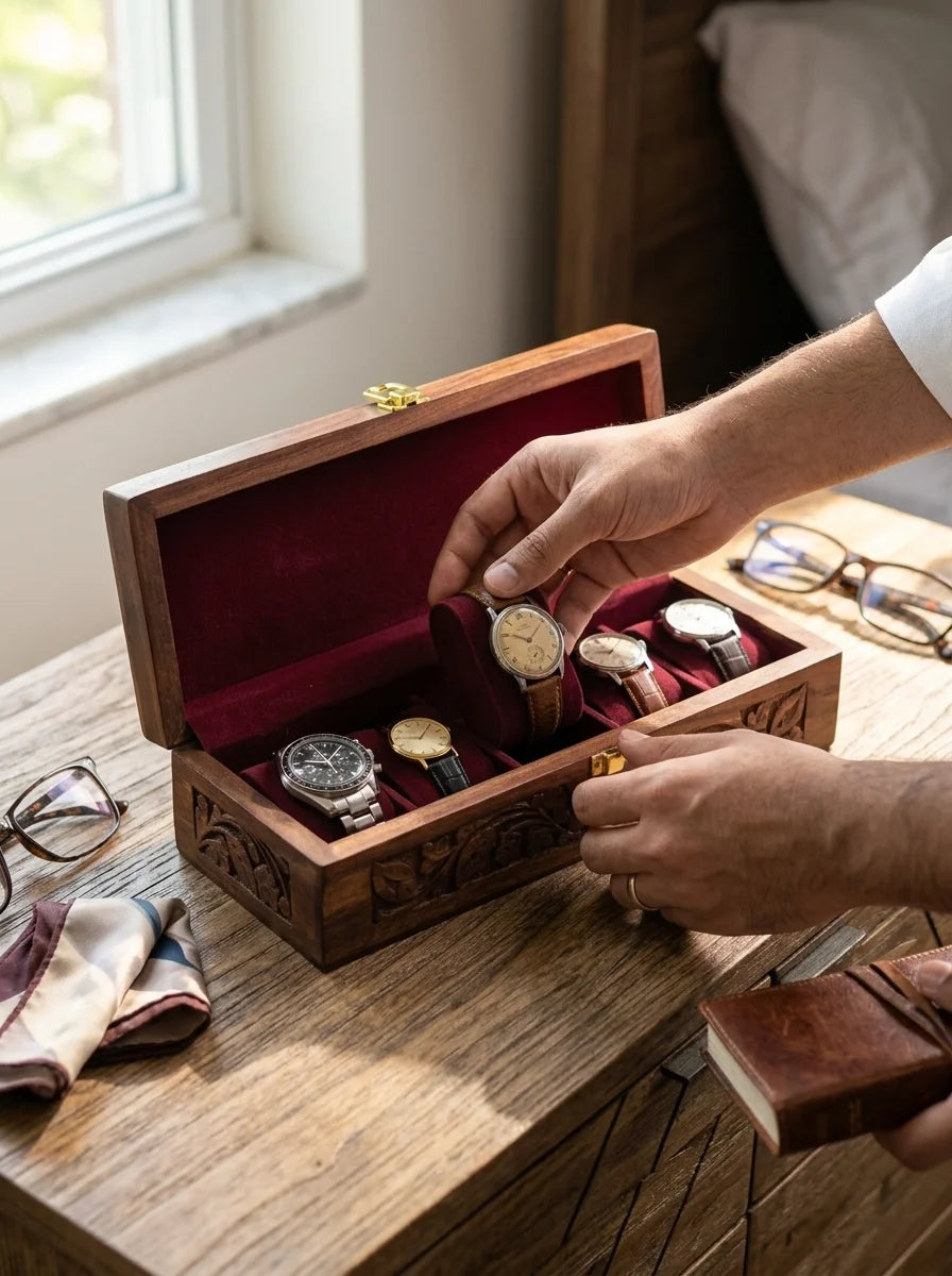 Woodistan carved watch box in use shape holding cushions velvet interior