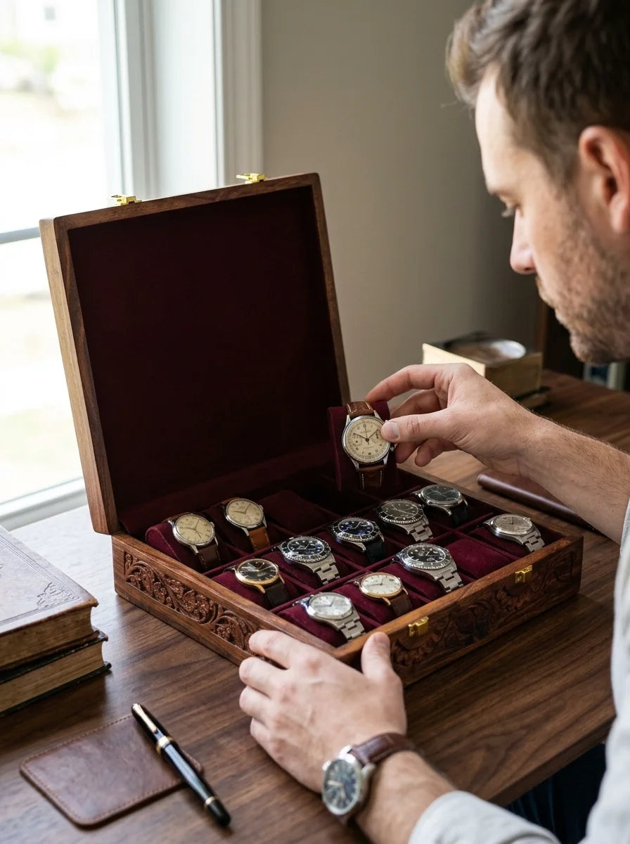 Handcrafted Wooden Watch Box | Plain Top, Carved Sides, Shape-Holding Cushions, 15 Watches