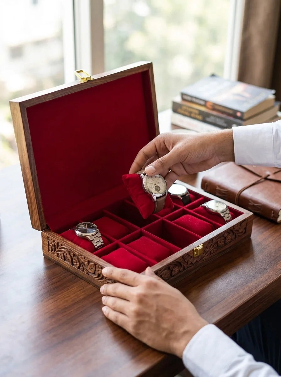 Handcrafted Wooden Watch Box 10 Slots | All-Around Carved | Soft Velvet | Sheesham Wood