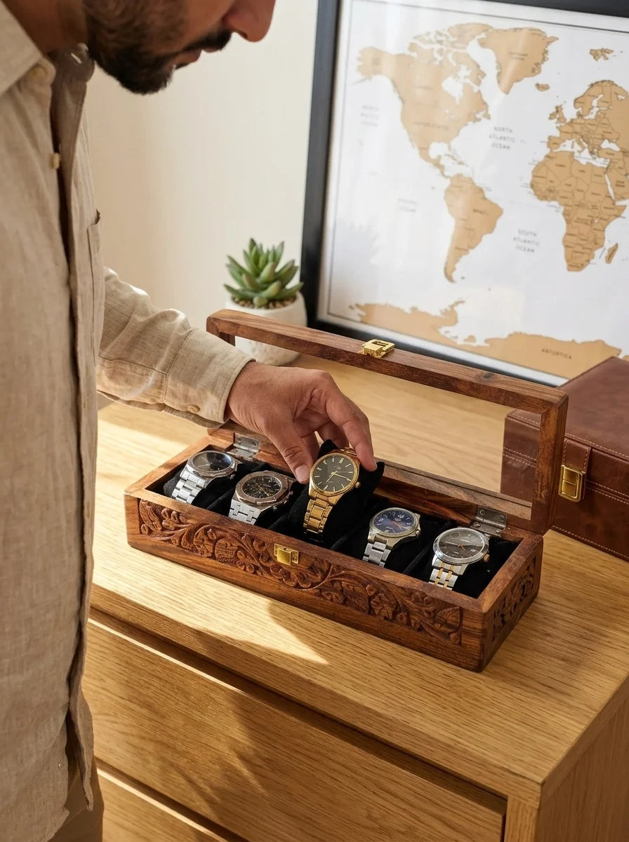Handcrafted Wooden Watch Box 5 Slots | All-Around Carved | Soft Velvet | Sheesham Wood