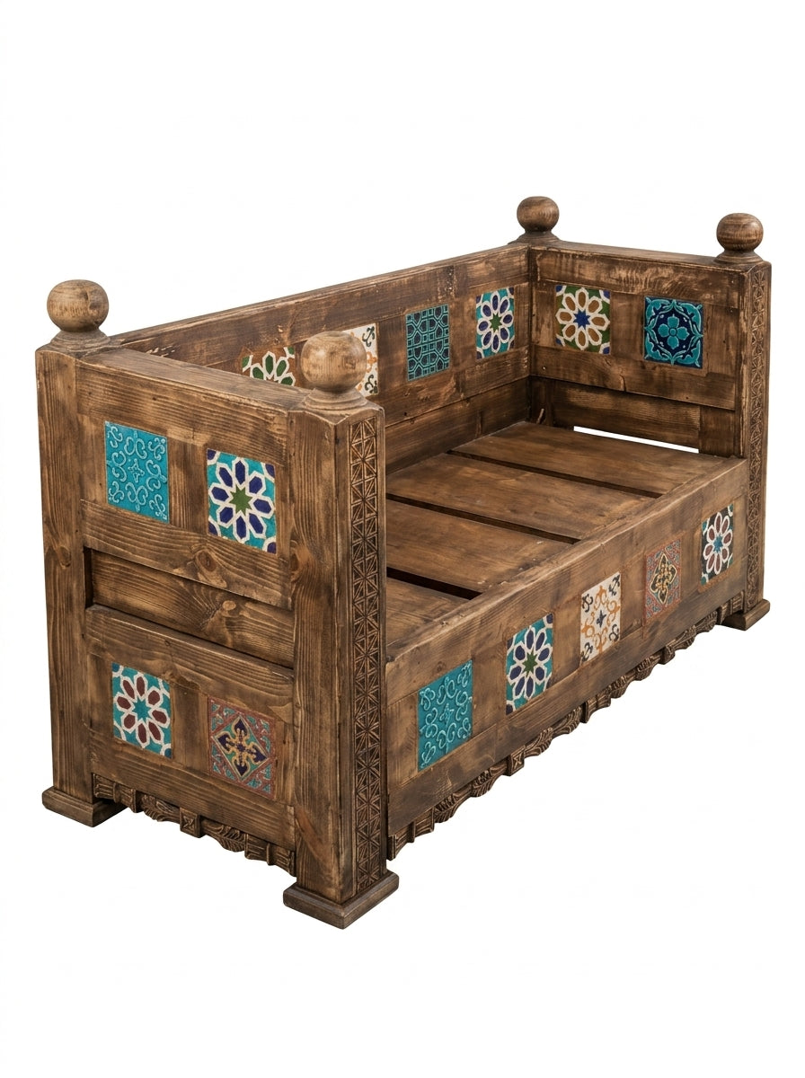 Hand-Carved Swati Art Wooden Bench – Traditional Tile Inlay 2 Seater Bench