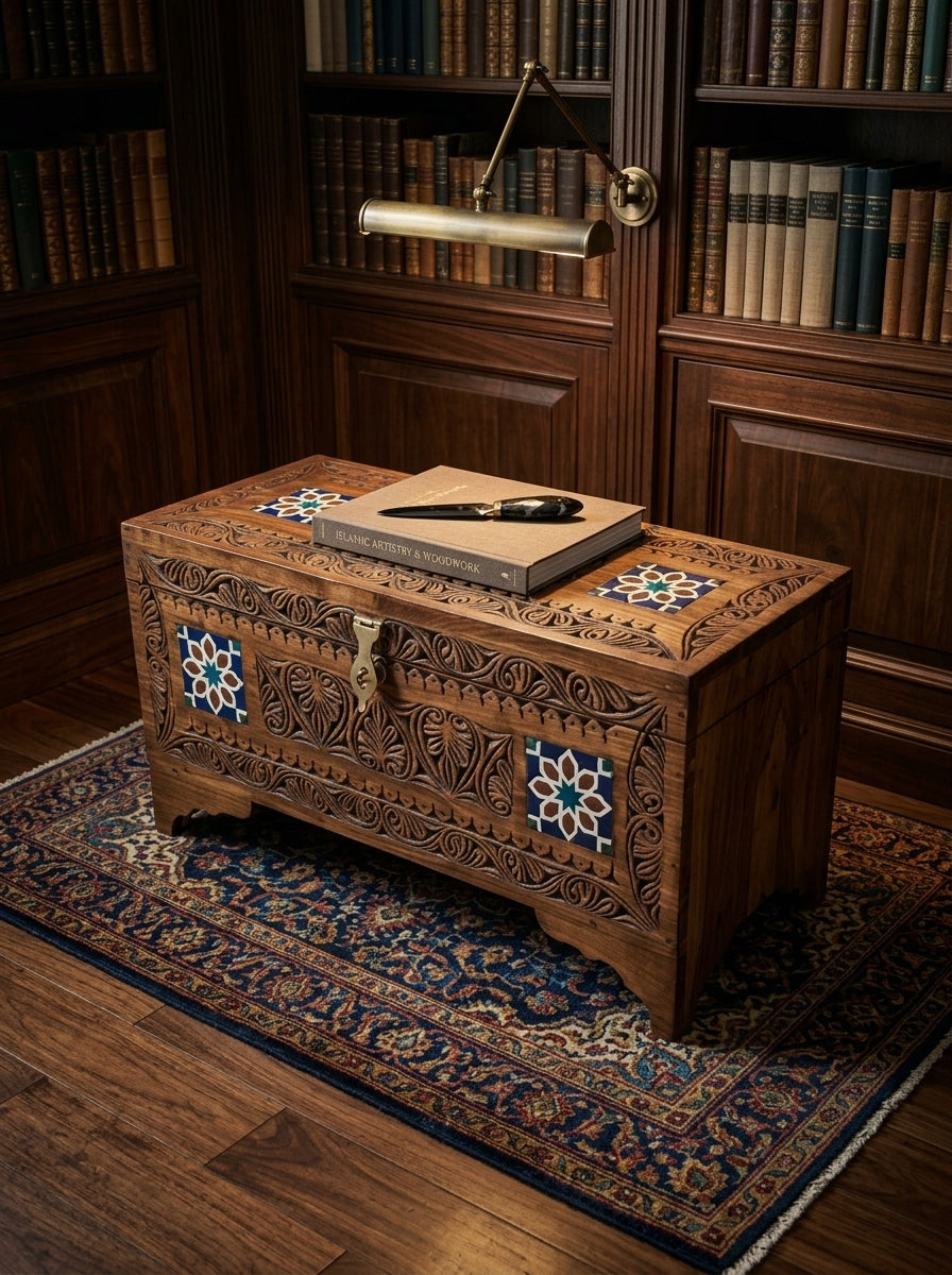 Handcrafted Wooden Ottoman Storage Box - Wooden Storage Boxes with Inlay