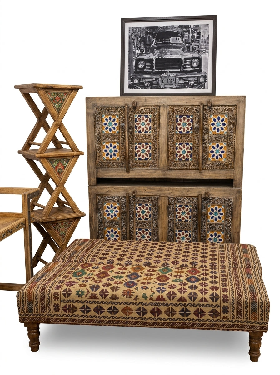 Hand-Carved Wooden 4-Door Swati Storage Cabinet – Tile Inlay Art