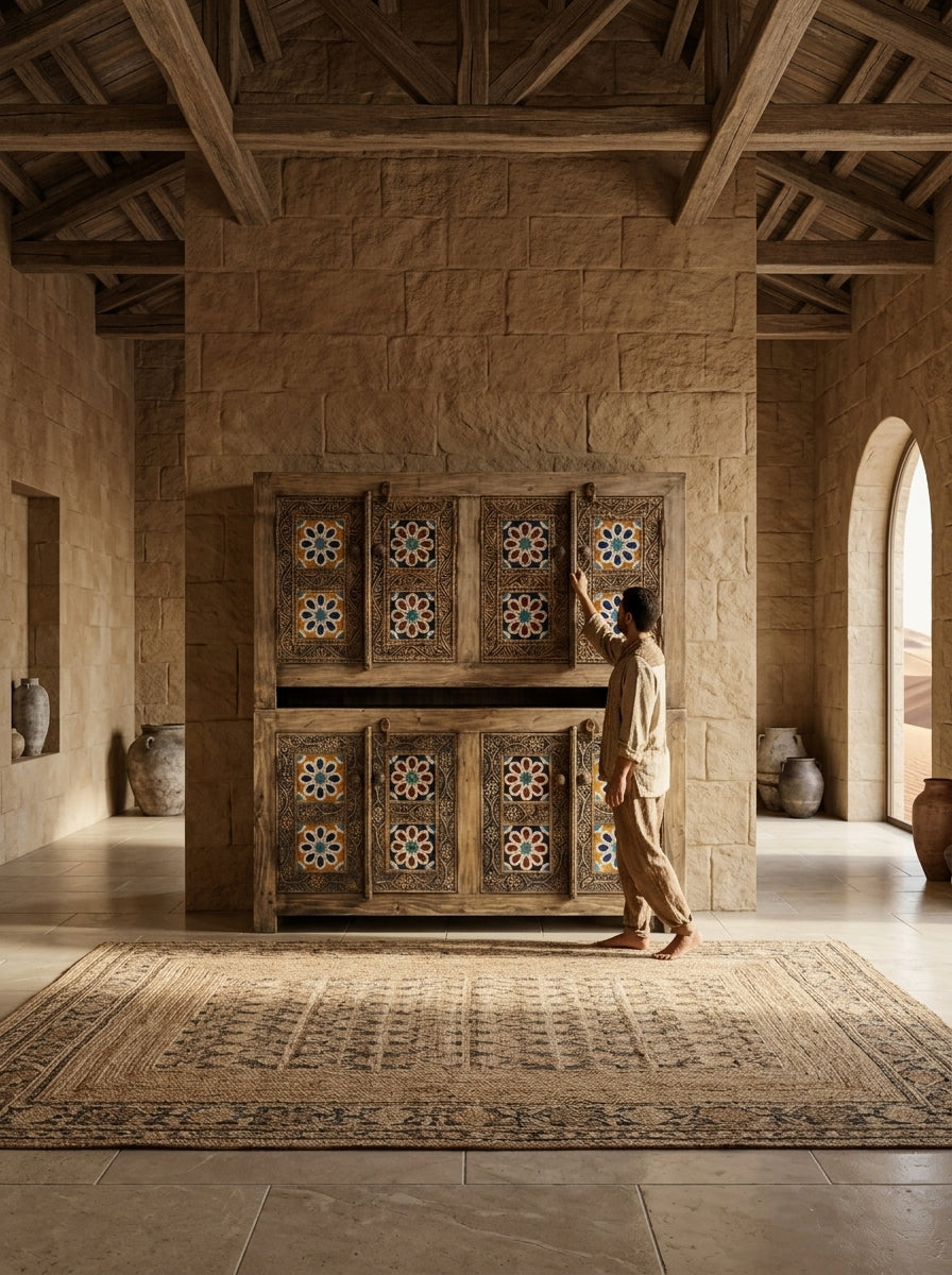 Hand-Carved Wooden 4-Door Swati Storage Cabinet – Tile Inlay Art