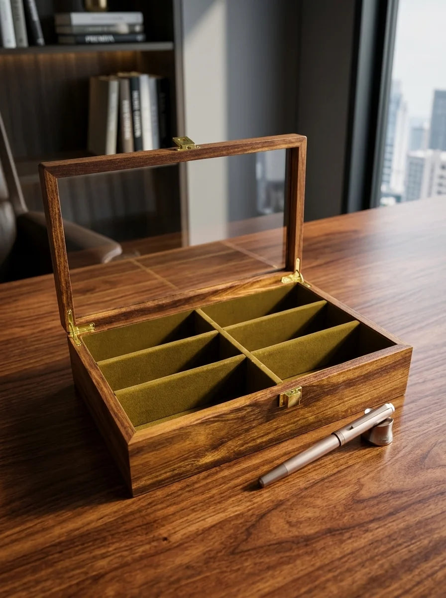 Handcrafted Wooden Sunglasses Organizer Box 6 Slots | Hand-Carved, Velvet Lined | Sheesham Wood
