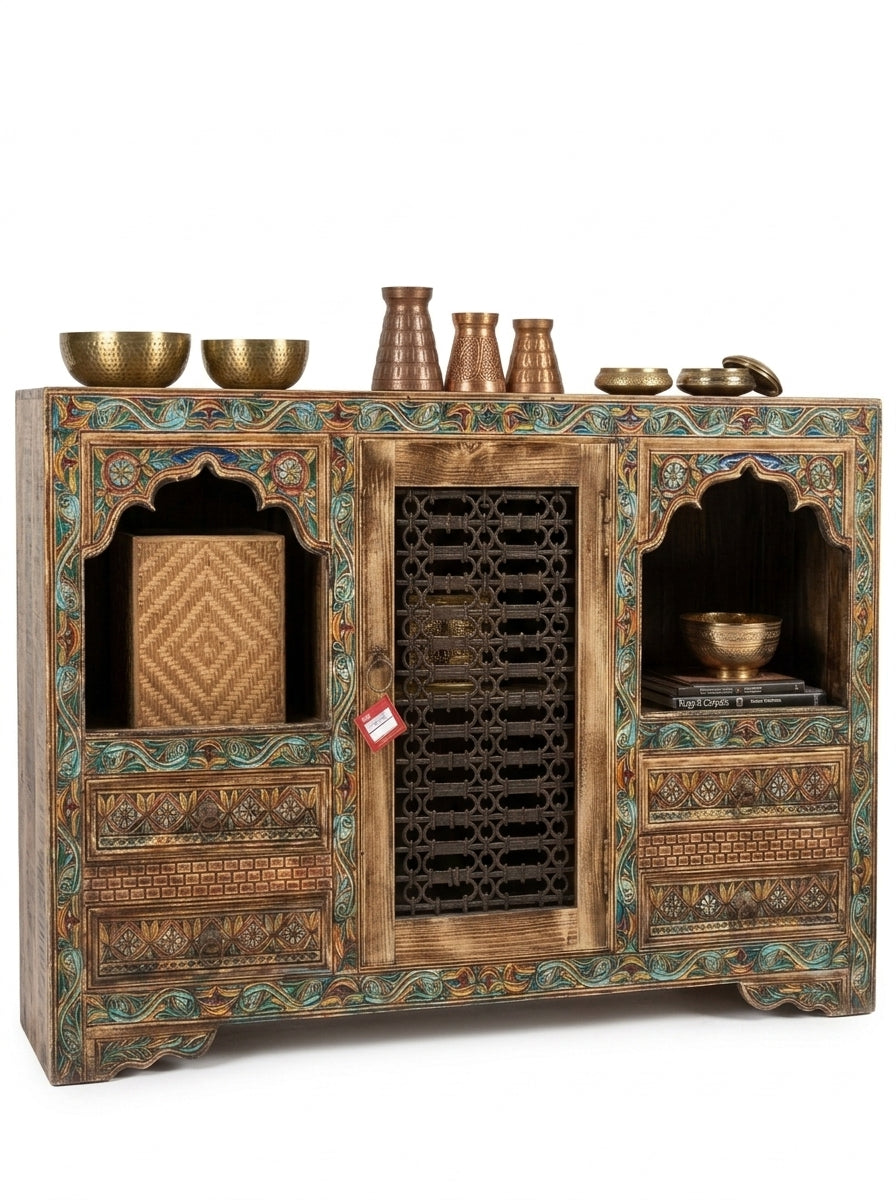 Hand-Carved Wooden Jharokha Sideboard Swati Art Door Accent Cabinet