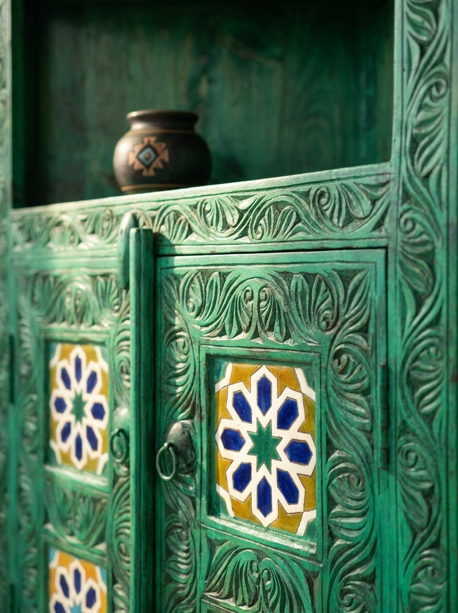 Hand-Carved Swati Green Wooden Corner Cabinet – Tile Inlay Cabinet
