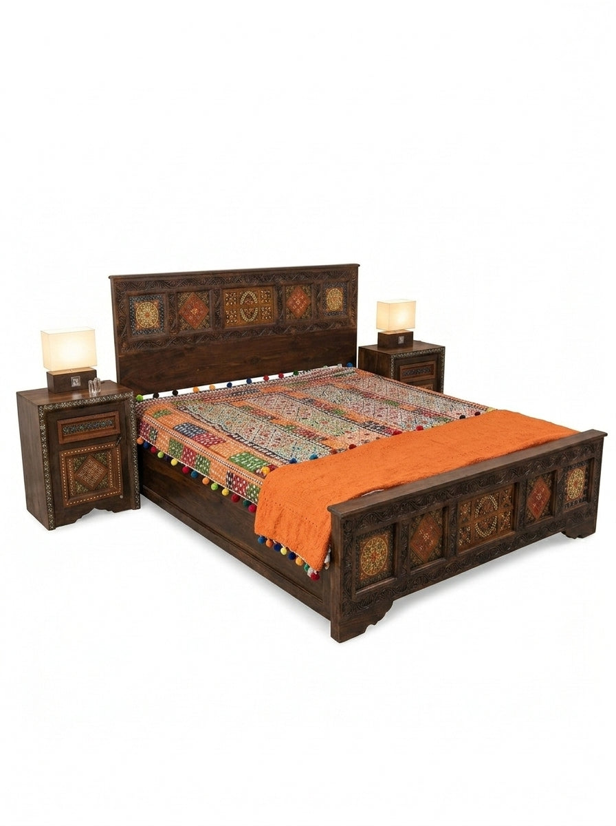 Hand-Carved Wooden Swati Bed Frame with Matching Nightstands