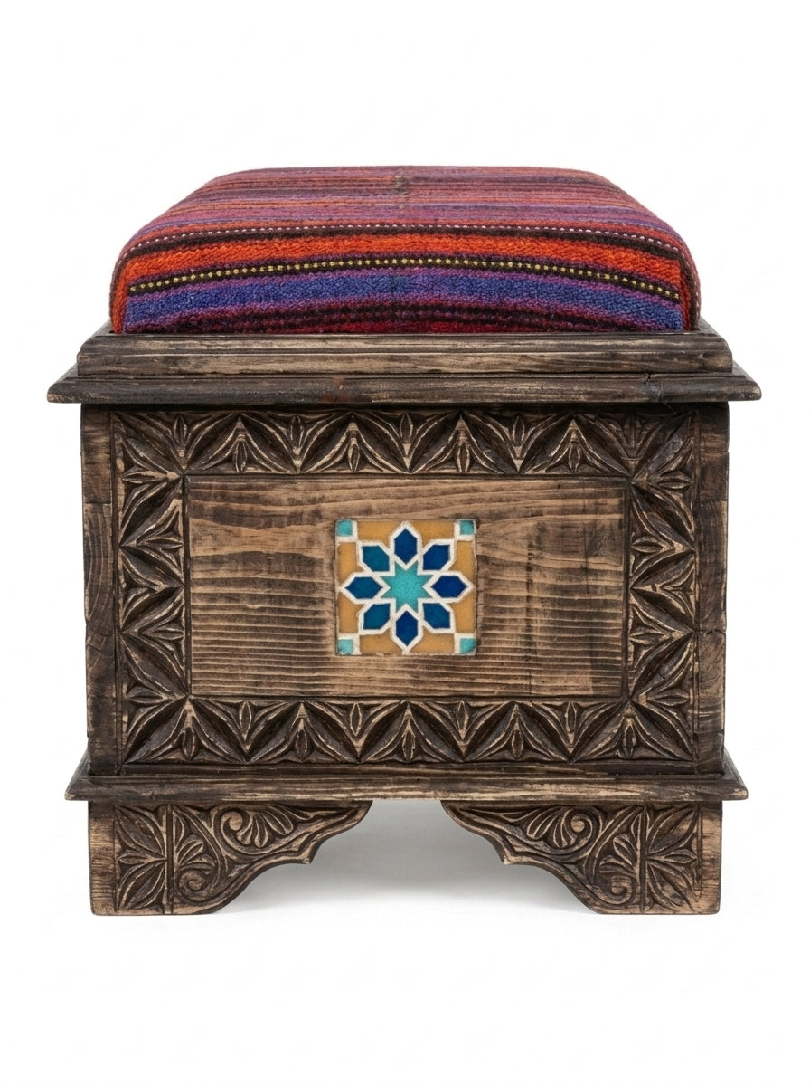Hand-Carved Swati Wooden Storage Bench with Striped Kilim Cushion