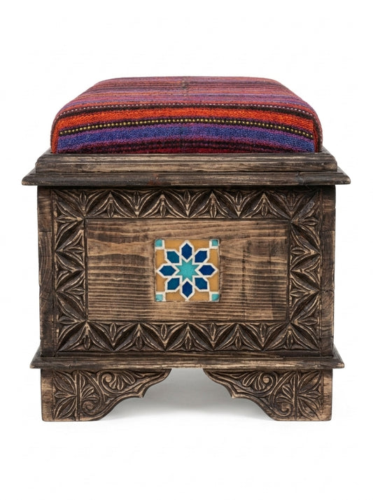 Hand-Carved Swati Wooden Storage Bench with Striped Kilim Cushion