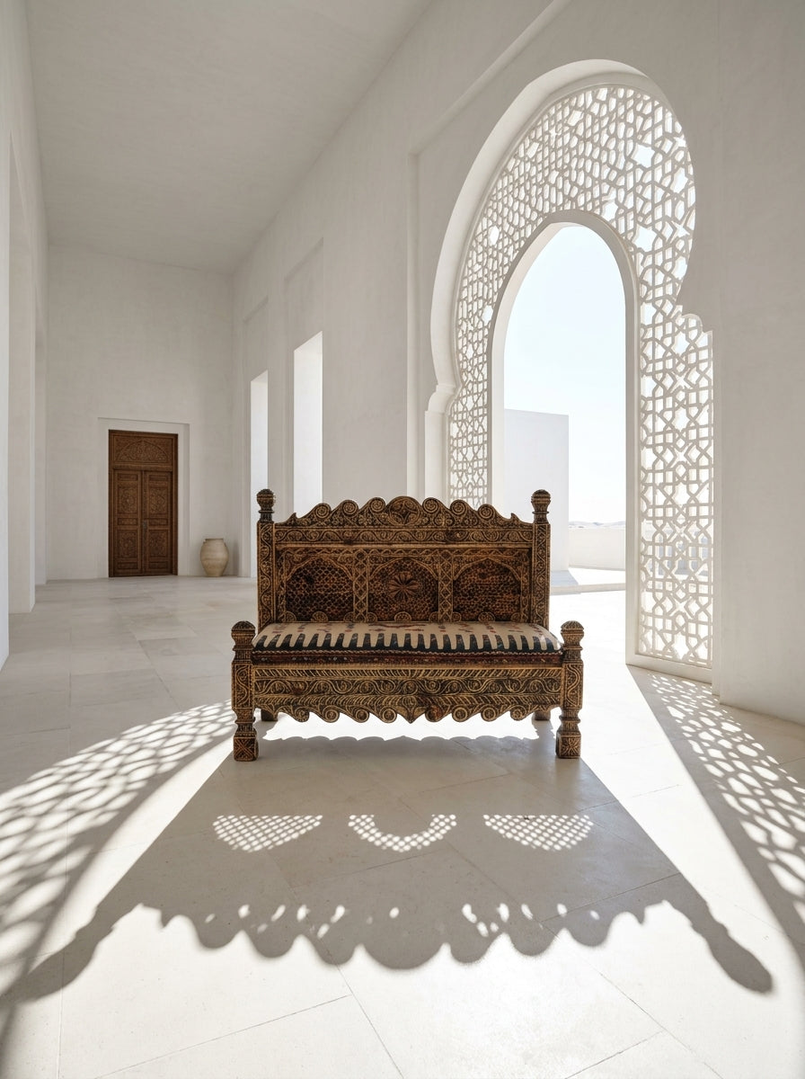 Hand-Carved Swati Wooden Bench with Upholstered Seat