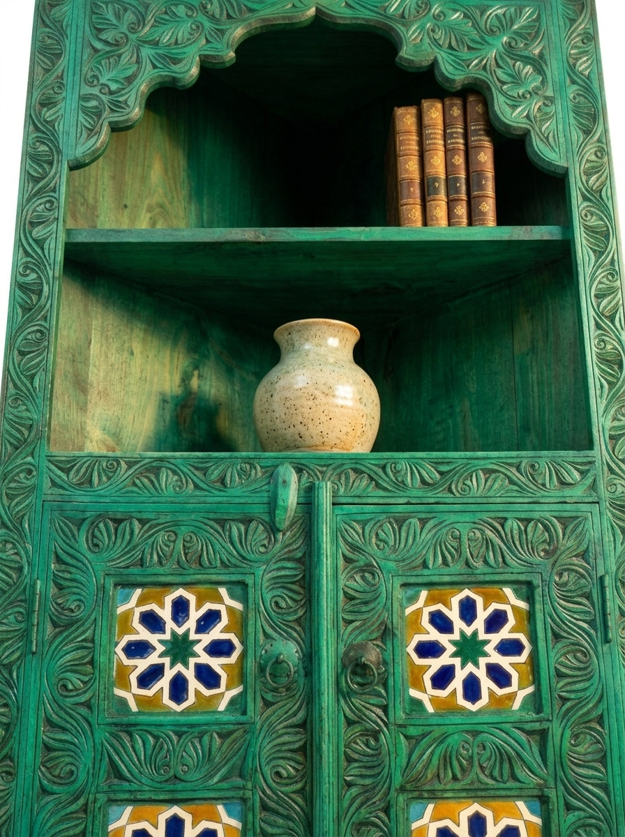 Hand-Carved Swati Green Wooden Corner Cabinet – Tile Inlay Cabinet