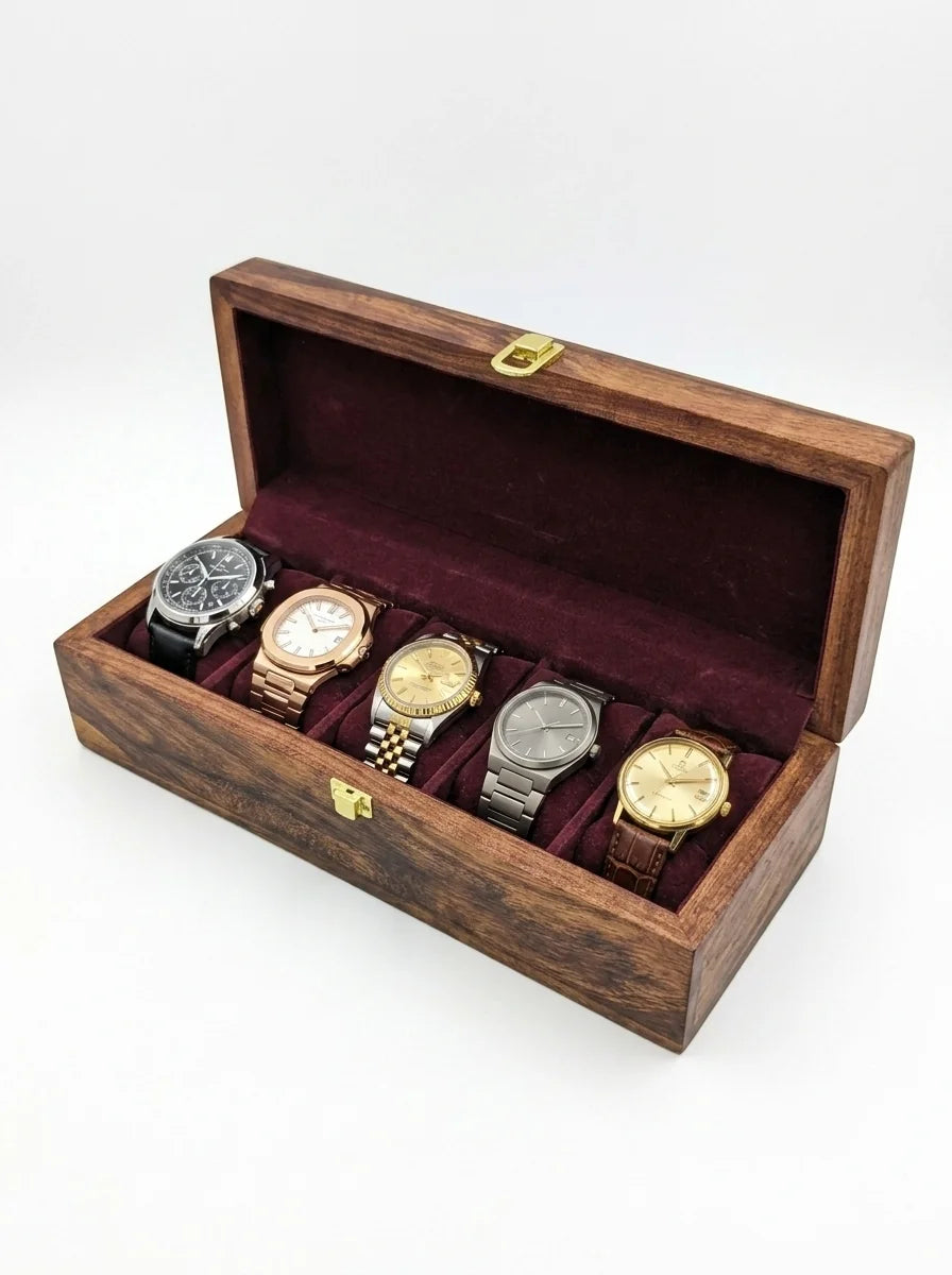 Handcrafted Wooden Watch Box 5 Slots | Plain Design | Sheesham Wood
