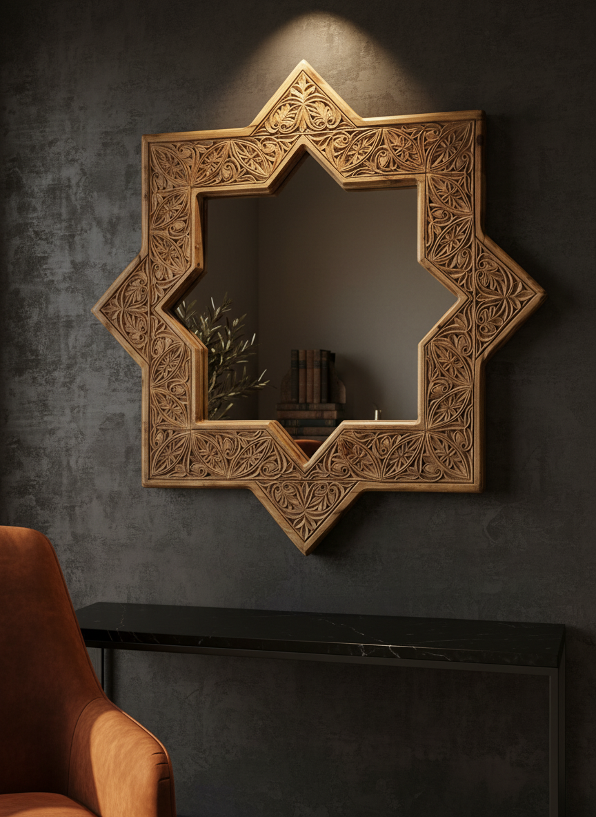Hand Carved Wooden Wall Mirror Design - Star Shaped Mirror