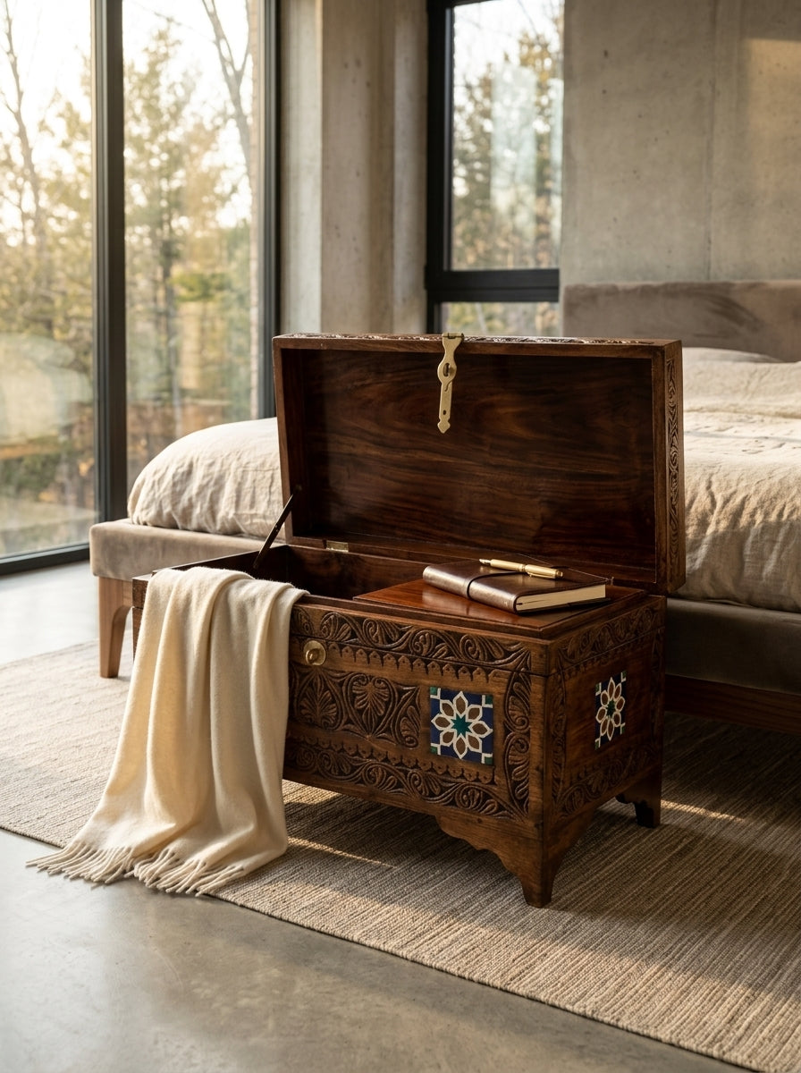 Handcrafted Wooden Ottoman Storage Box - Wooden Storage Boxes with Inlay