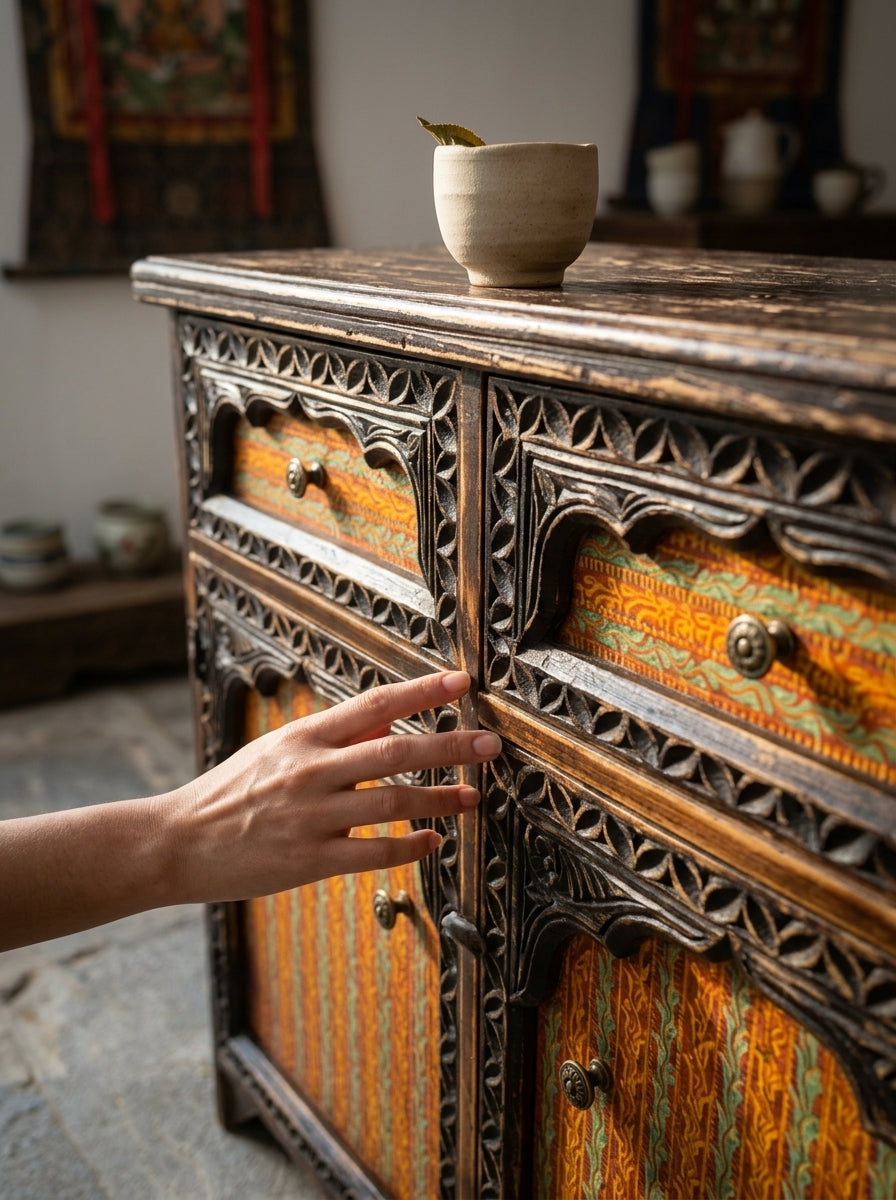 Antique Bohemian Wooden Cabinet - Hand Carved Sideboard Buffet