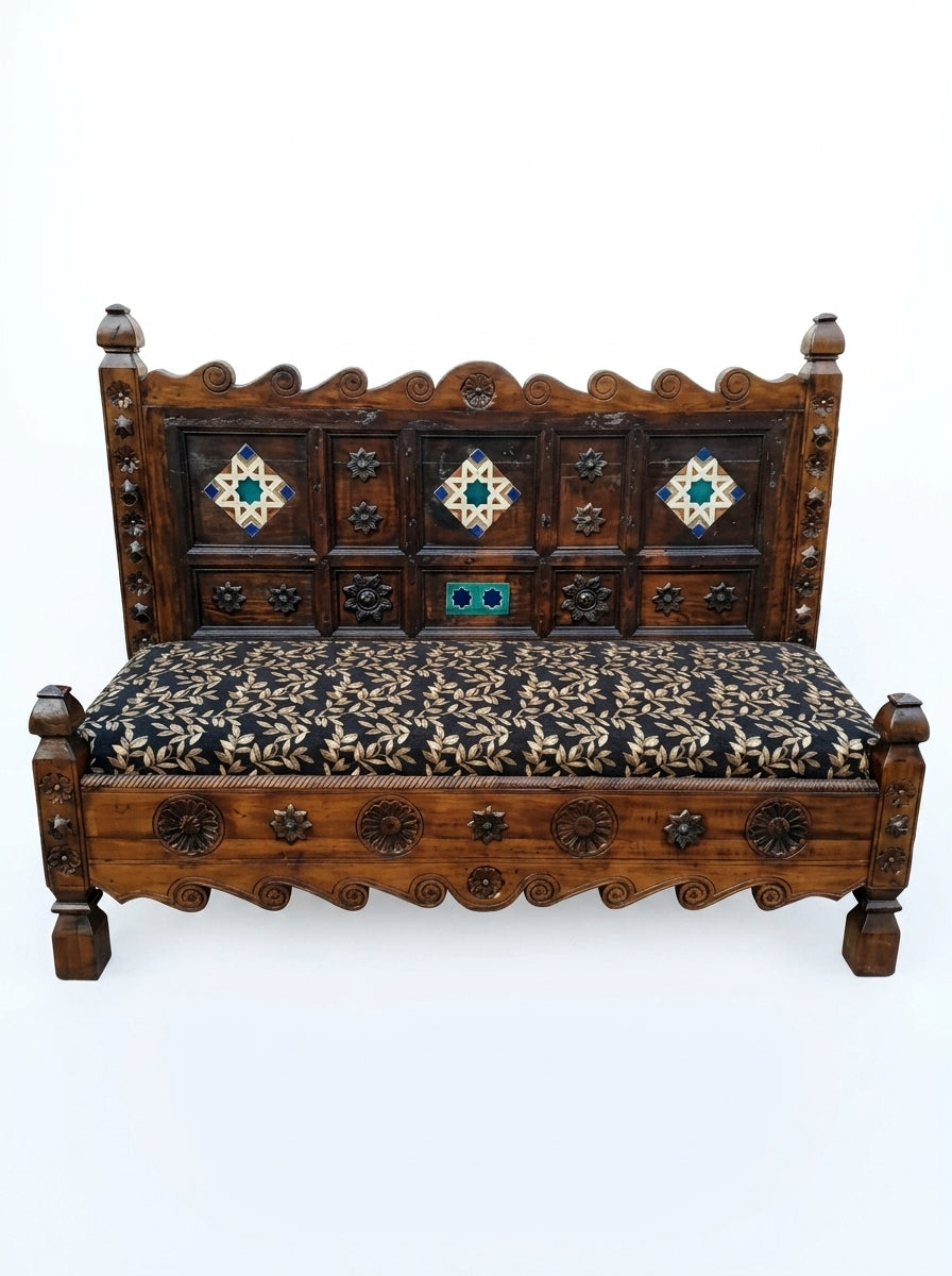 Hand-Carved Swati Wooden Bench – Two Seater Indoor Sitting Bench with Tile Inlay