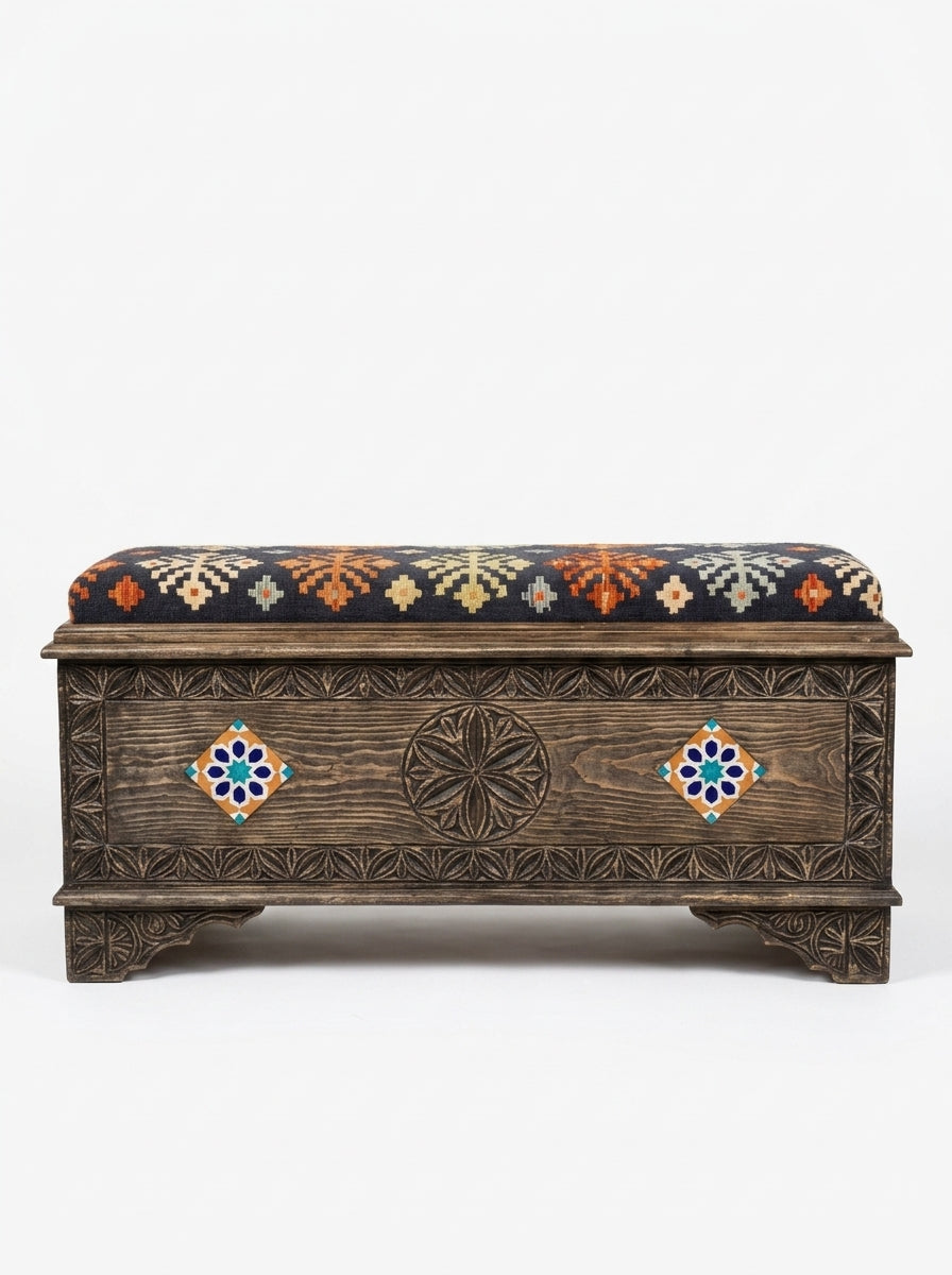 Hand-Carved Wooden Storage Bench with Mosaic Tile Swati Art Ottoman