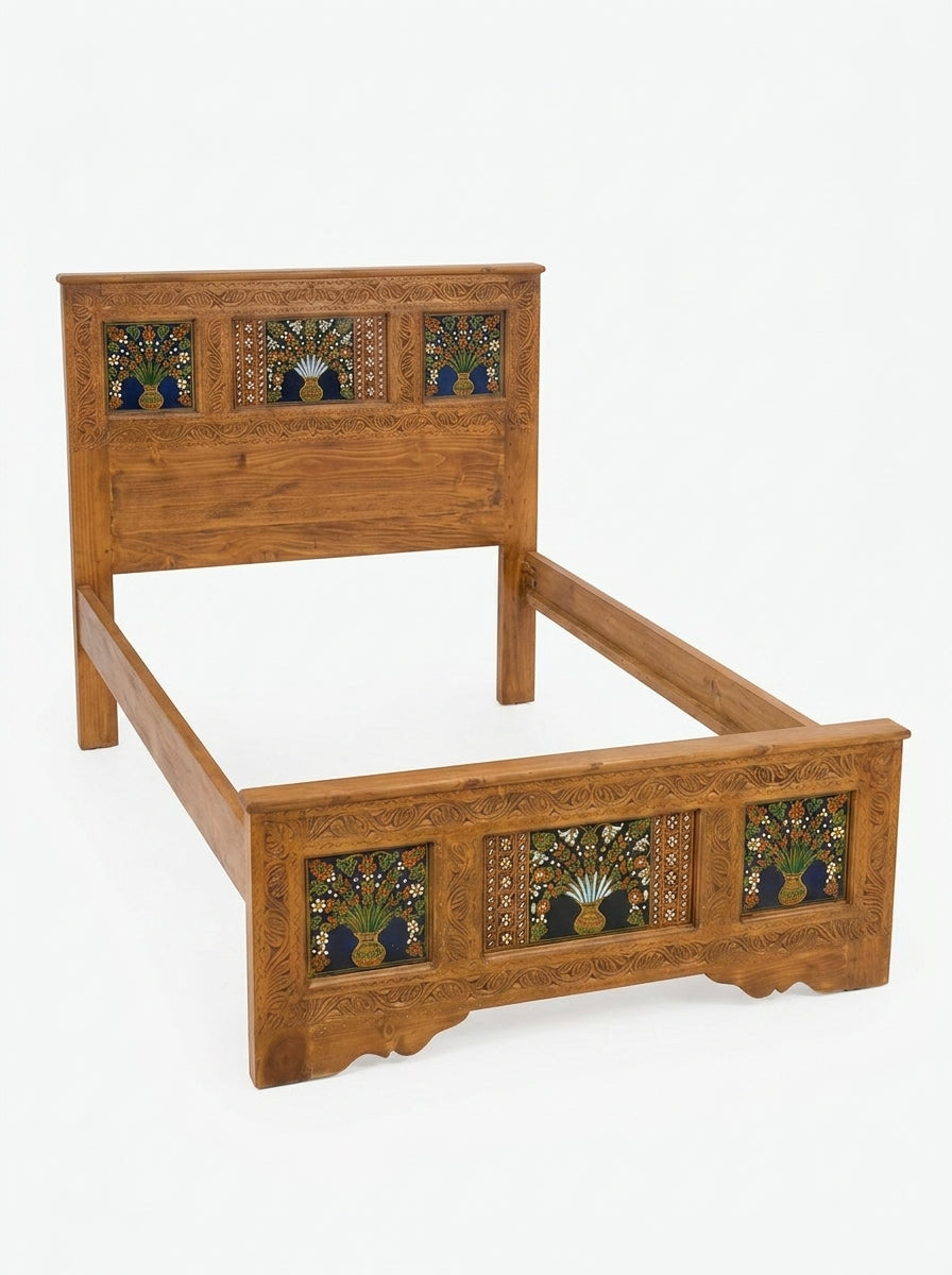 Hand-Carved Swati Floral Inlay Twin Bed with Matching Nightstand