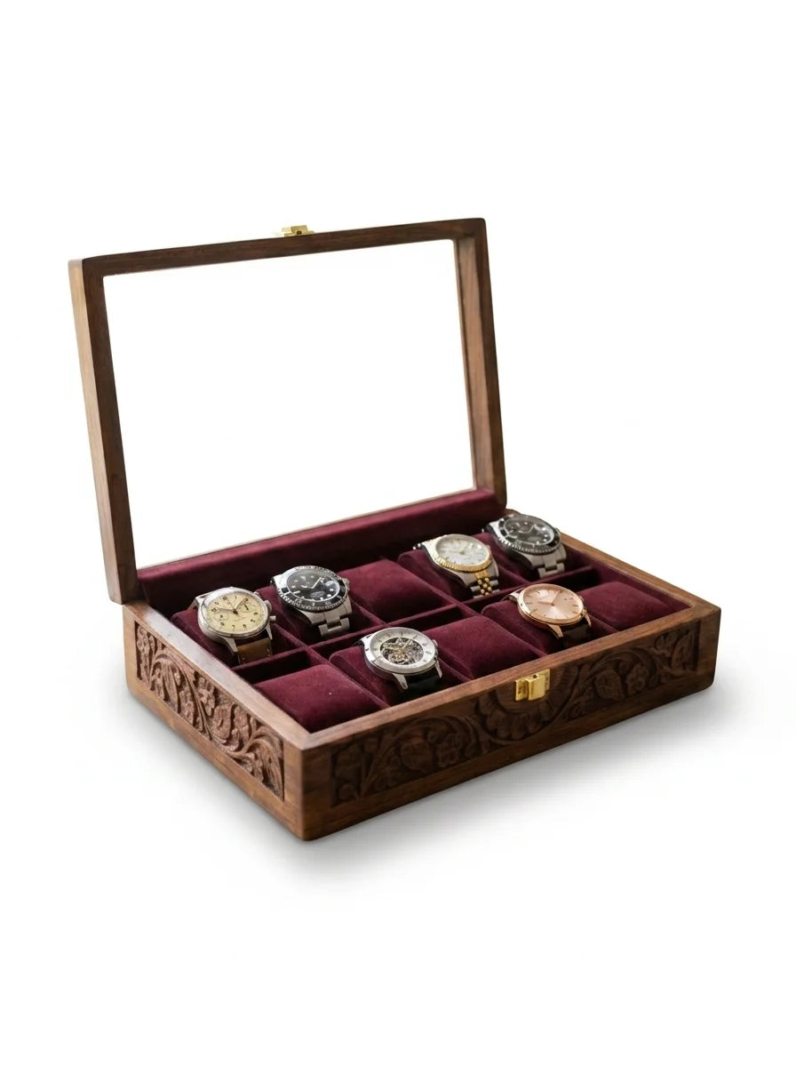 Handcrafted Wooden Watch Box | Glass Lid, Hand-Carved Panels, Shape-Holding Cushions, 10 Watches