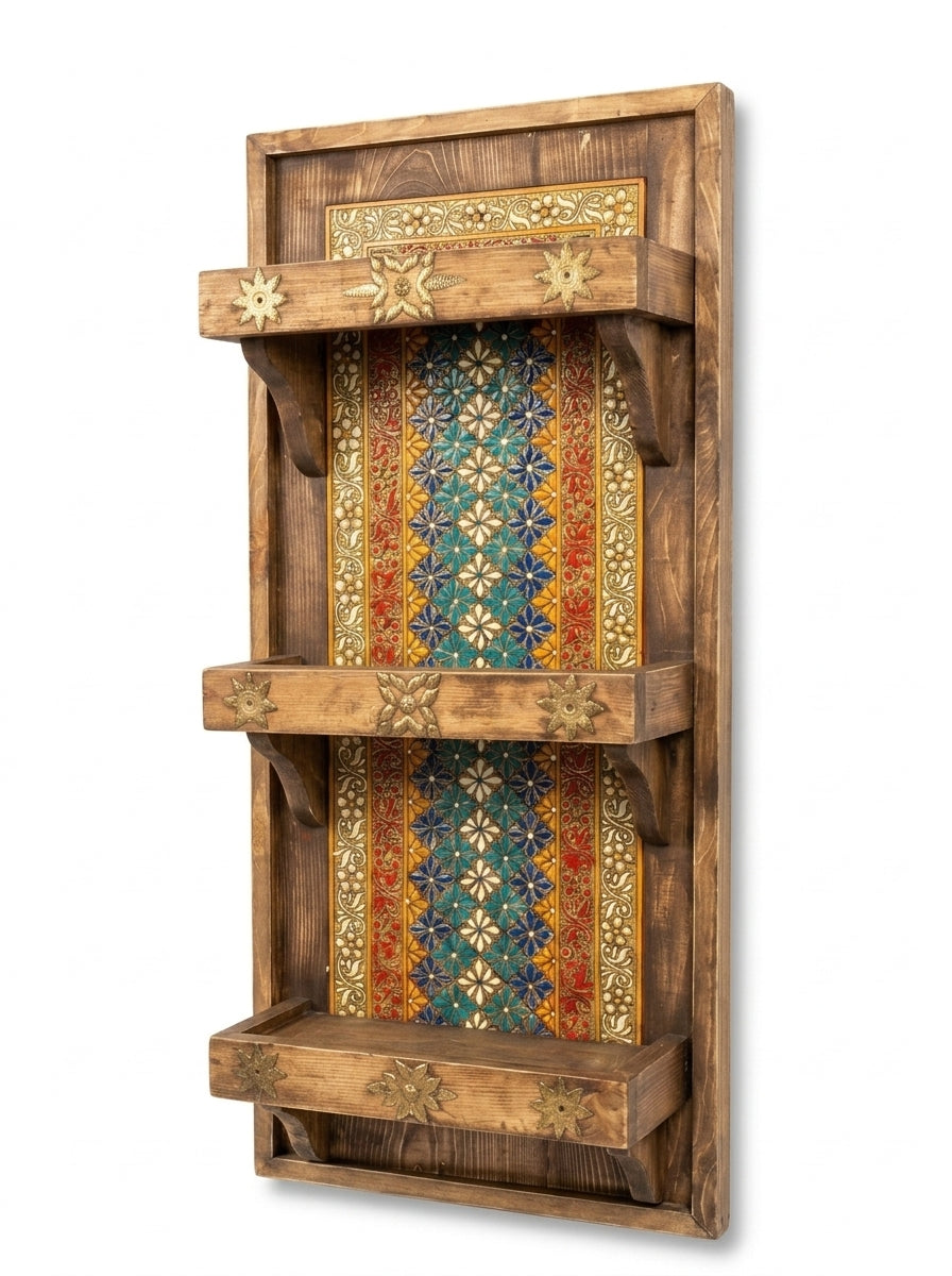 Antique Swati Art Wooden Wall Shelves - 3 Tier Wall Mounted Shelves for Living Room