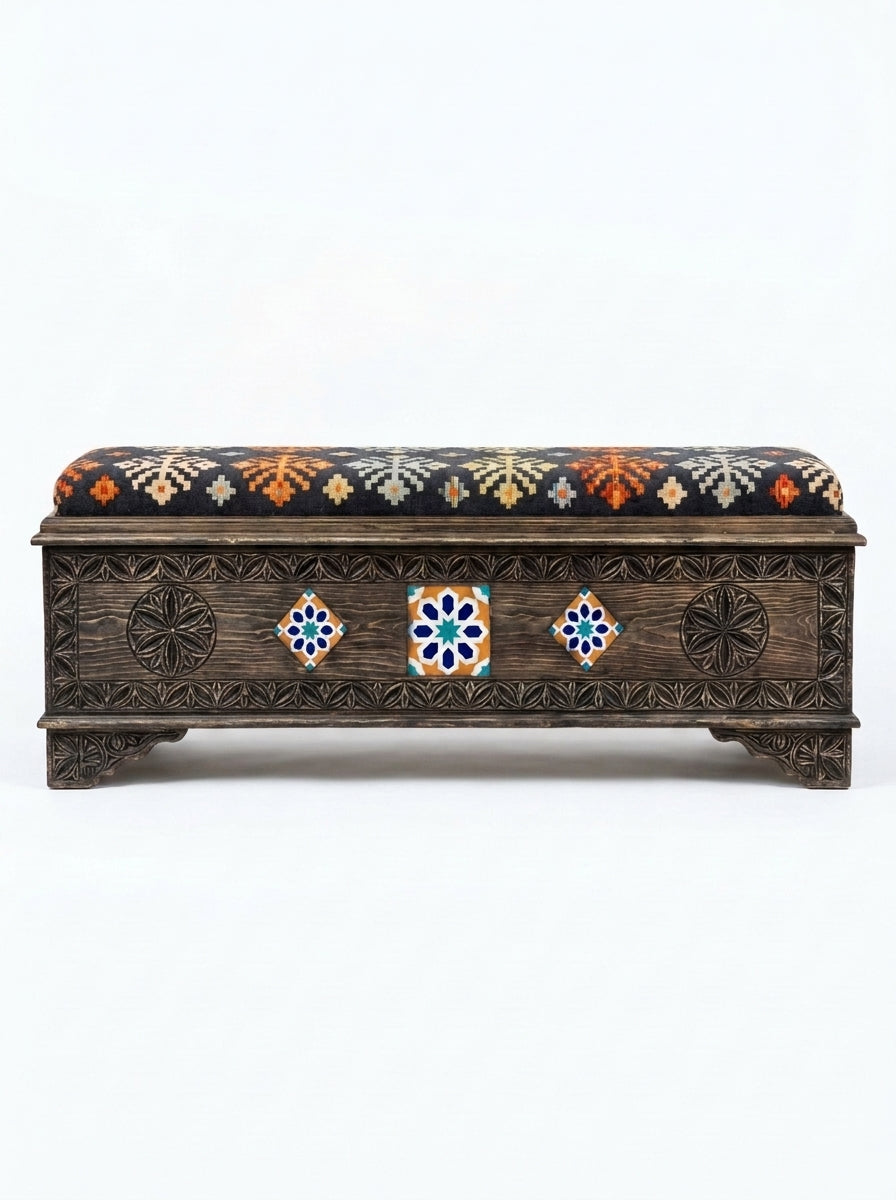 Hand-Carved Wooden Storage Bench with Mosaic Tile Swati Art Ottoman