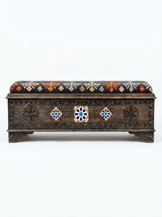 Hand-Carved Wooden Storage Bench with Mosaic Tile Swati Art Ottoman