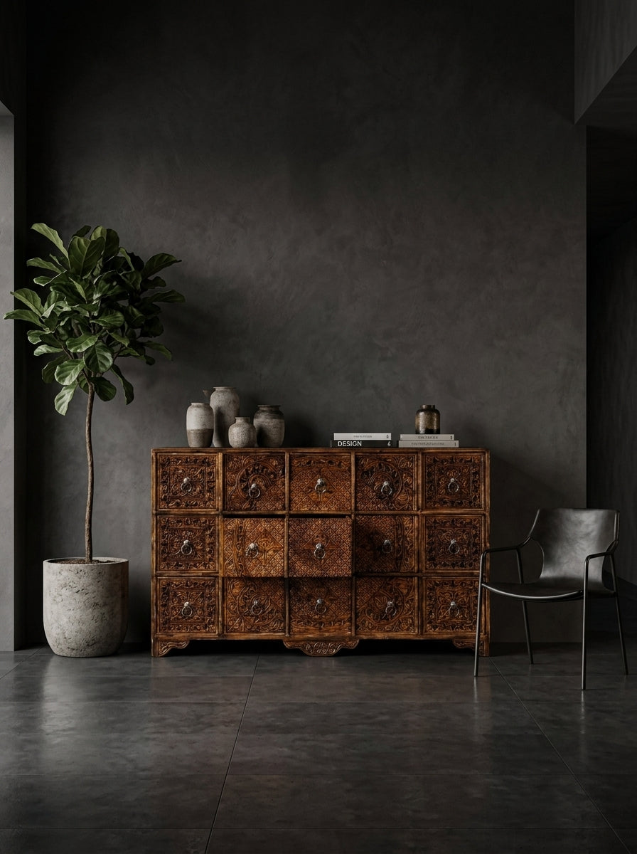 Hand-Carved Wooden 15-Drawer Apothecary Cabinet - Pure Wooden Cabinet